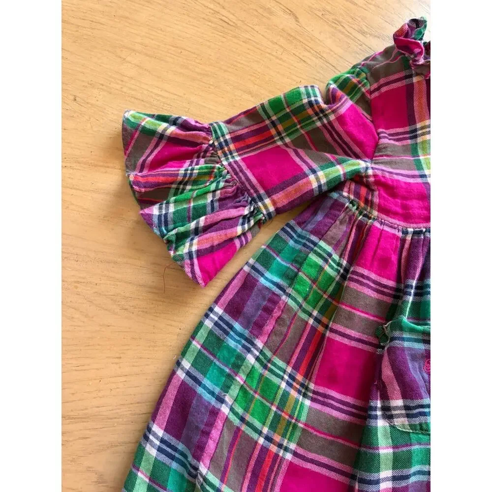 Ralph Lauren Plaid Tartan Babydoll Girls Dress 12M holiday Ruffles Pink Green